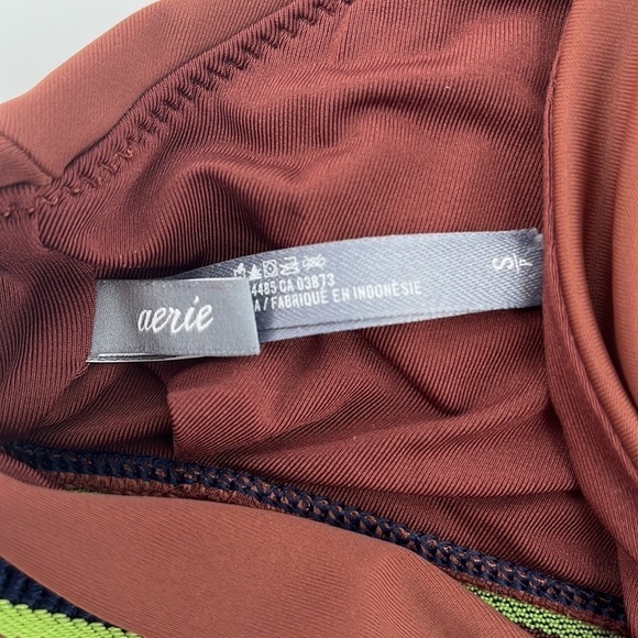 AERIE Rust Brown Neutral Striped Band High Neck Crop Padded Racerback Swim Top - Picture 3 of 4